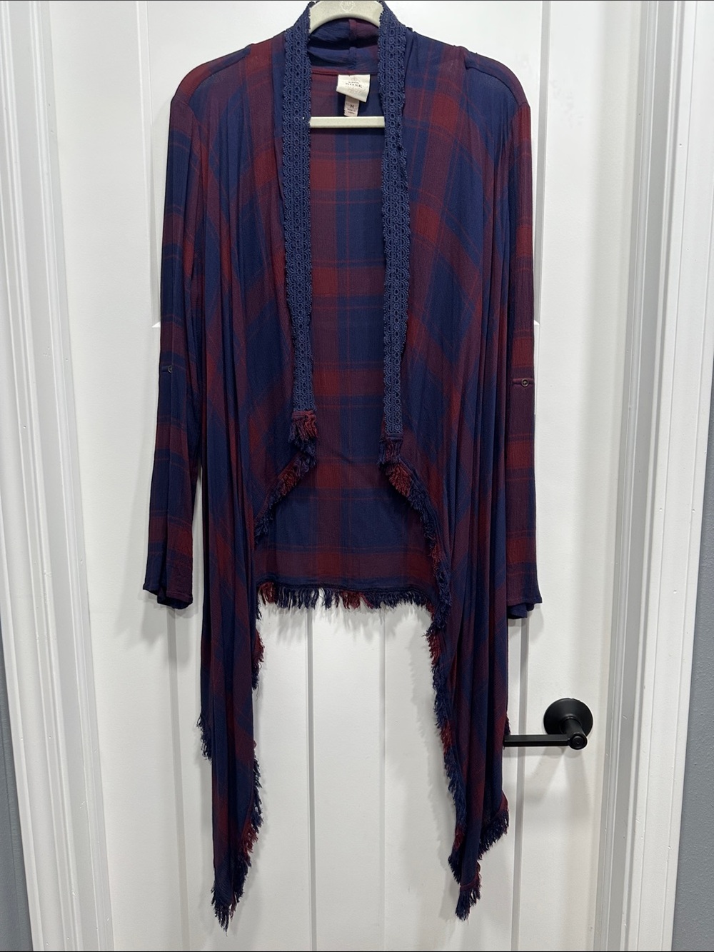 Plaid Open-Front Fringe Cardigan Jacket - Size Medium